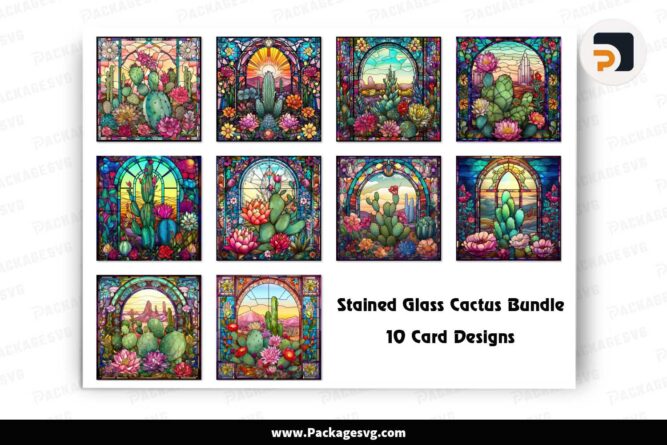 Stained Glass Cactus Bundle, 10 Card Designs LJ9F4NHH