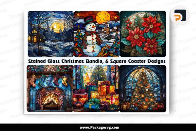 Stained Glass Christmas Bundle, 6 Square Coaster Designs LJ9BKU7L