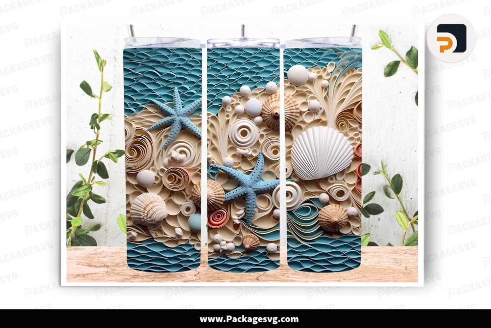 3D Seashells Beach PNG, 20oz Skinny Tumbler Wrap LLNGFUHN