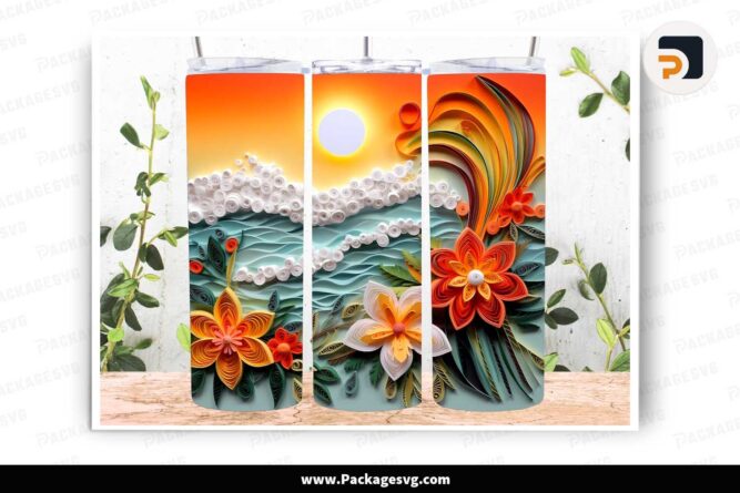 3D Sunrise Beach Landscape PNG, 20oz Skinny Tumbler Wrap LLNGYFJ6