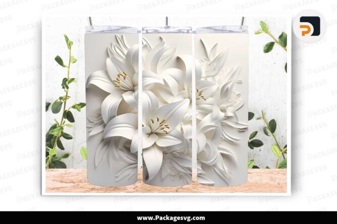 3D White Lilies Flowers PNG, 20oz Skinny Tumbler Wrap LLNGP6DN