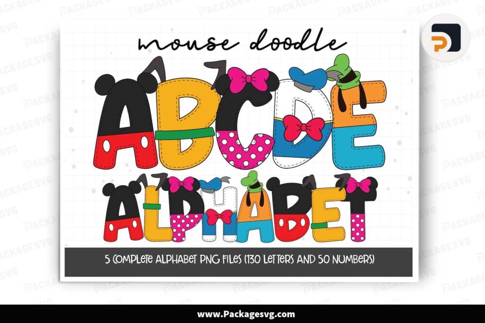 Mickey Mouse Doodle Alphabet Bundle, Cartoon Cliparts PNG LLX8L9U4