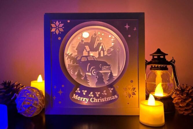 3D Merry Christmas Truck Light Box, Snow Globe SVG Paper Cut File LN0352L6