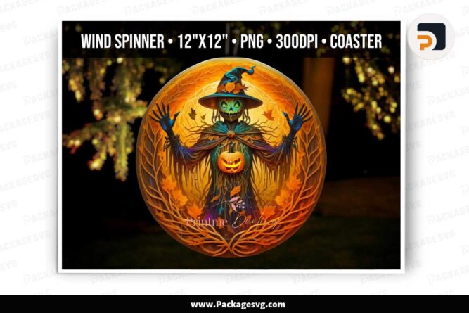 Halloween Scarecrow 3D Wind Spinner Design, Round Fall Pumpkin Sublimation PNG LM8UFL98