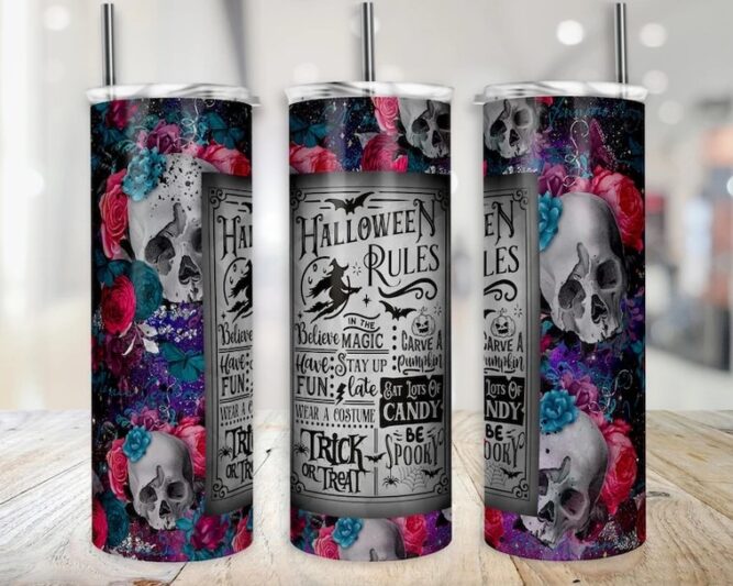 Halloween Rules Floral Skull Tumbler, 20 oz Skinny Tumbler Wrap PNG LN3WHGI0