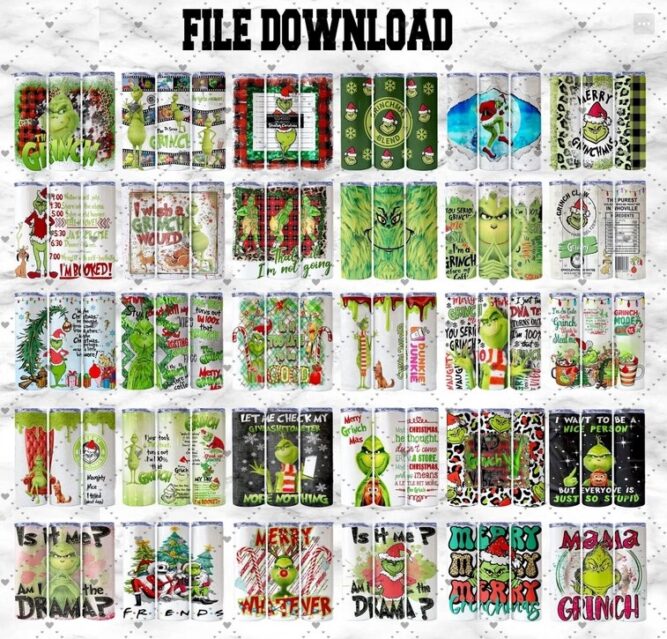 Christmas Grinch Sublimation Bundle, 55 Designs 20oz Tumbler Wrap PNG LMOAGNI7