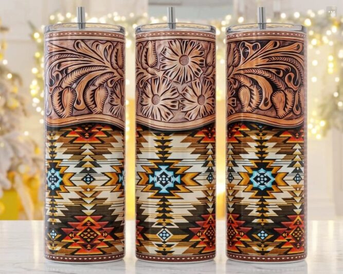 Tooled Leather Aztec Pattern PNG, 20oz Skinny Tumbler Wrap LMFPDTPQ