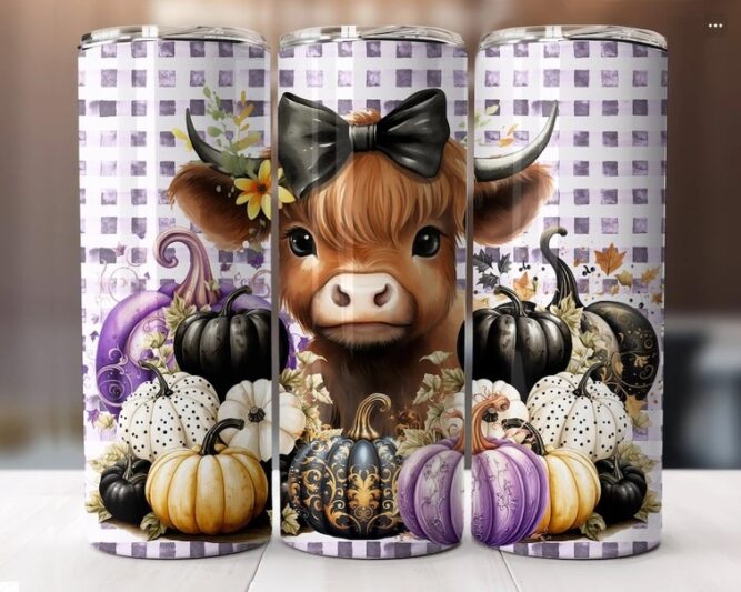 Fall Pumpkins Cute Baby Highland Cow PNG, 20oz Tumbler Wrap LM5NAL4W