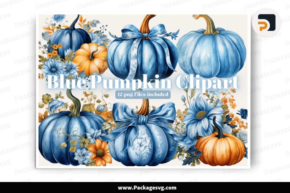 Watercolor Blue Pumpkin Fall Clipart Bundle LMPN13MJ