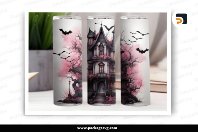 Pink Haunted House Tumbler Design, 20 Oz Tumbler Wrap PNG LNPJOIPF