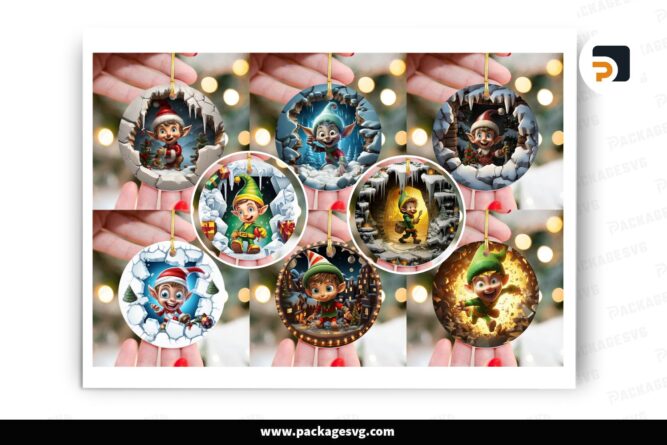 3D Christmas ELF Break Through Ornament Bundle, 12 Designs Sublimation LO3TDTXA