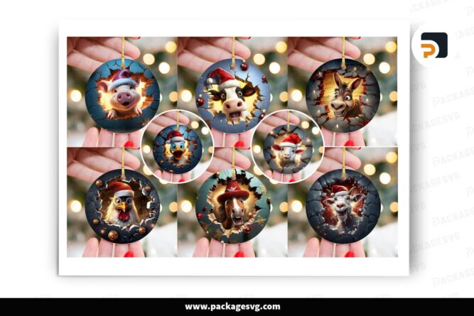 3D Farm Animals Christmas Break Through Ornament Bundle, 9 Designs Sublimation LNZHZ179