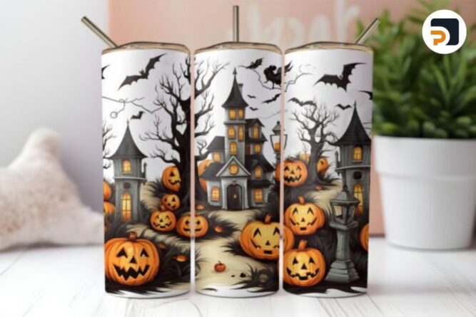 3D Halloween Scene Sublimation Design, 20oz Skinny Tumbler Wrap