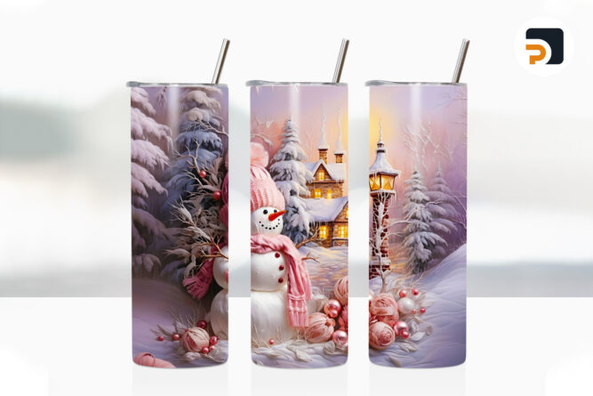 3D Pink Snowman Sublimation Design, 20oz Skinny Tumbler Wrap