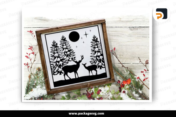 Deer In Winter Forest Scene SVG, Glass Block Cut File LNL239WT