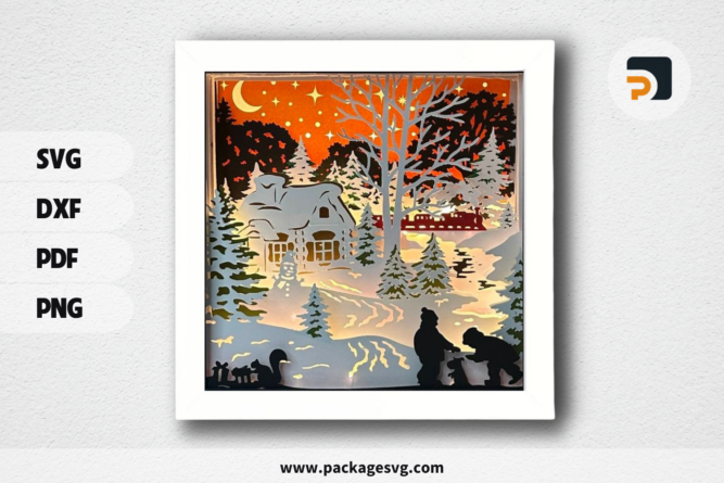 3D Christmas Night Village Shadowbox, SVG Paper Cut File