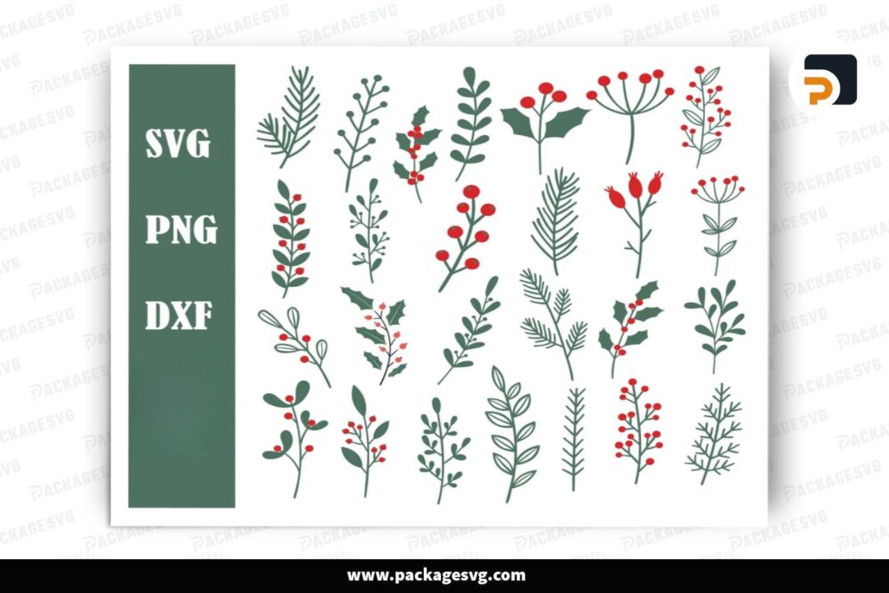 Christmas Laurels SVG Bundle, 26 Xmas Mistletoe Design Files