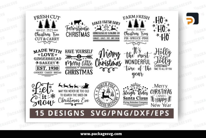 Christmas Quote SVG Bundle, 15 Design Files