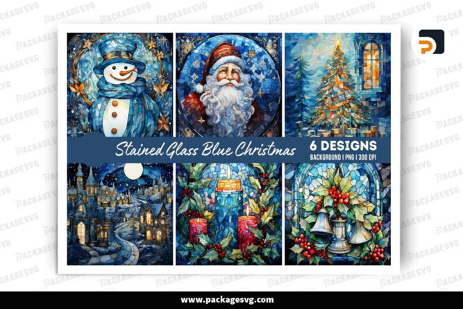 Stained Glass Blue Background Bundle, 6 Sublimation Designs LOIHWPE3