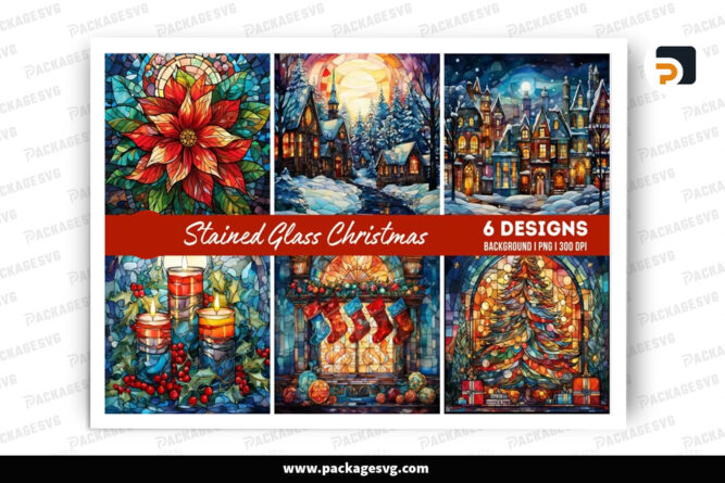 Stained Glass Christmas Background Bundle, 6 Christmas Sublimation Designs LOIEHRA6