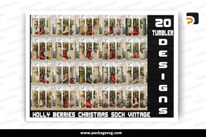 Vintage Christmas Sock Sublimation Bundle, 20 Designs 20oz Skinny Tumbler Wrap LOTHXQQP