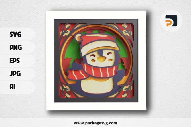 3D Christmas Penguin Shadowbox, SVG Paper Cut File LQ6EERBM (2)