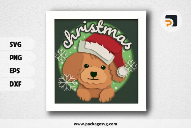 3D Dog With Santa Hat Shadowbox, Christmas SVG Paper Cut File (1)