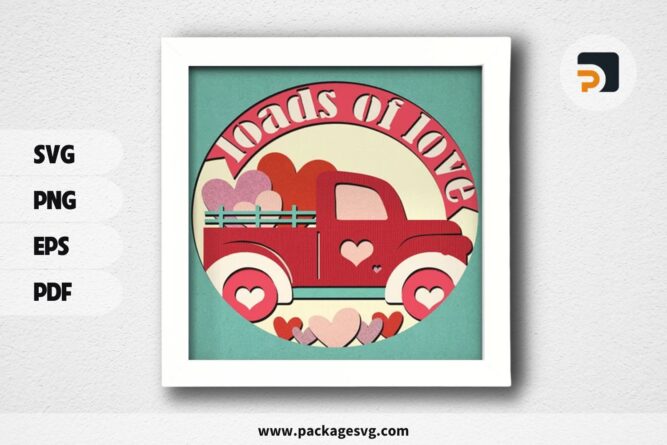 3D Loads Of Love Shadowbox, Valentine Truck SVG Paper Cut File (1)