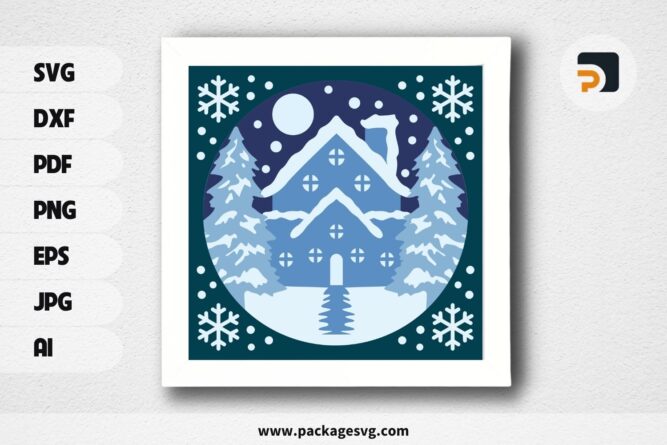 3D Winter House Shadowbox, Christmas Night SVG Paper Cut File LQ39LVD9 (2)