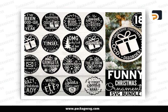 Funny Christmas Ornament SVG Bundle, 18 Xmas Design Files LPWAB332 (2)