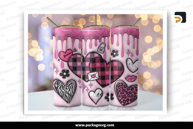 3D Inflated Heart Lock Sublimation Design, 20oz Valentine Skinny Tumbler Wrap (2)