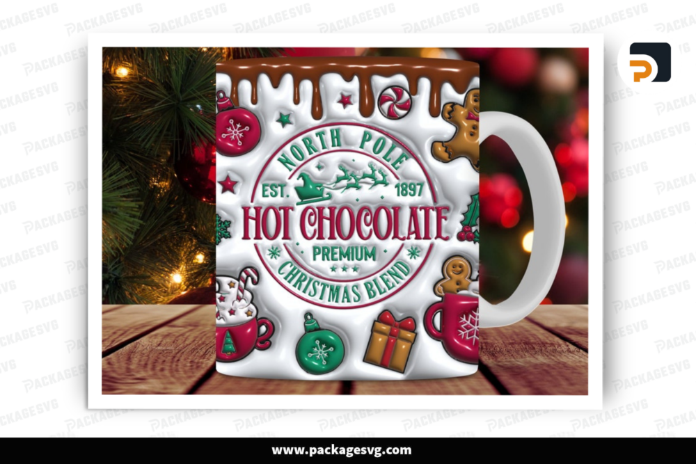 3D Christmas Hot Cocoa Inflated Mug Wrap, 11oz and 15oz Mug Sublimation Design